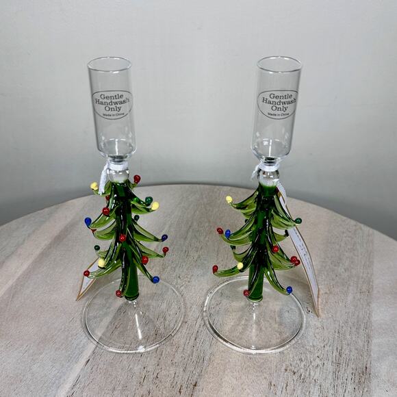 Cupcakes and Cashmere Set of 2 Christmas Tree Glass Candlestick Holders NEW - Picture 1 of 10